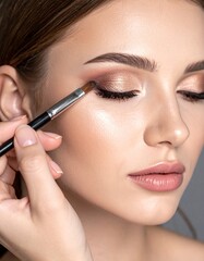 Retrato en primer plano de una mujer joven modelo maquill&aacute;ndose pintando los ojos