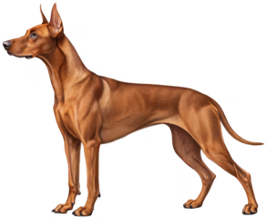 Sleek, digitally painted reddish-brown Ibizan Hound stands in a poised profile view, showcasing its slender build and large, erect ears, with subtle shading, isolated on transparent background.