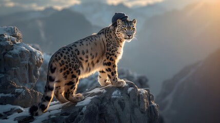 Majestic Snow Leopard on Himalayan Cliff at Golden Hour