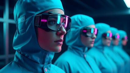 Group of people in blue suits and futuristic glasses in a high-tech environment