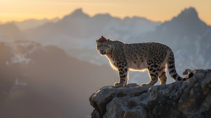 Majestic Snow Leopard on Himalayan Cliff at Golden Hour