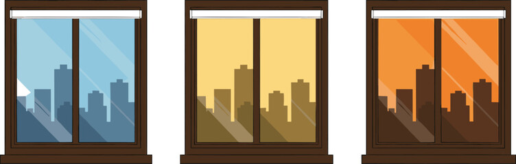 Urban cityscape view through modern window frames showing daylight, sunset, and evening scenes with reflective glass panels