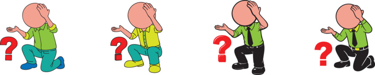 Confused cartoon character with question mark in various colors