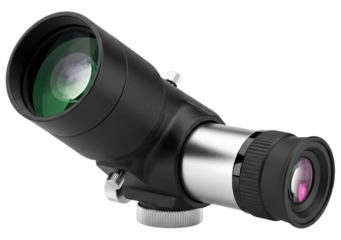 Black optical telescope finder scope with coated glass lens on a transparent background