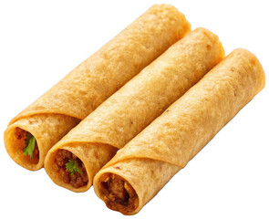 Golden-brown, crispy rolled tacos filled with savory seasoned ground beef and garnished with fresh cilantro, presented in a slightly angled arrangement against a, isolated on transparent background.