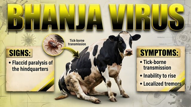 Bovine pathology image showing symptoms of bhanja virus in a cow with tick borne transmission and signs of flaccid paralysis of the hindquarters