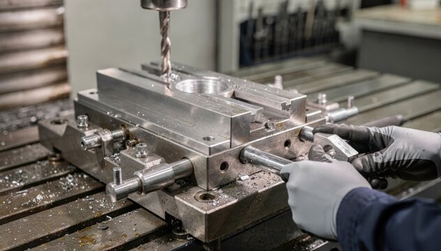 Detailed medium shot showing a fixture plate setup with a clamped workpiece for thread milling emphasizing manual vise adjustments.