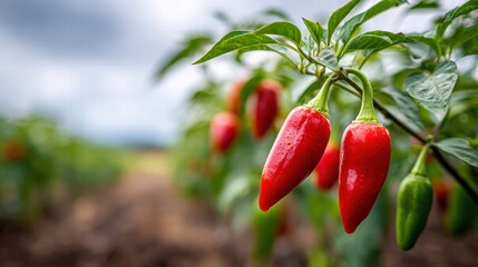 Close-up of vibrant red chili peppers growing on a plant in a field.