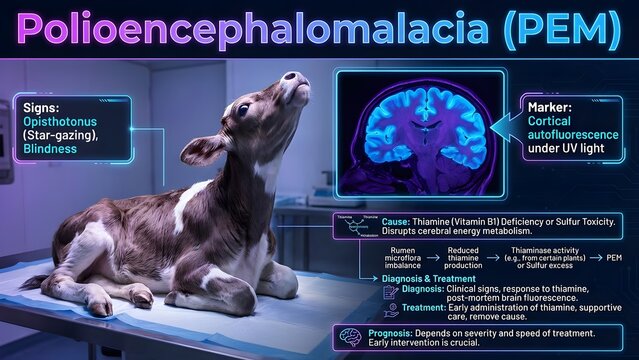 Bovine polioencephalomalacia pem symptoms and diagnosis in a veterinary setting with a calf on an examination table with Thiamine and Deficiency