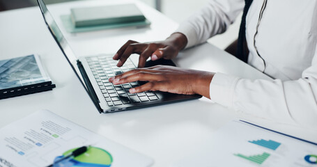Typing, paperwork and hands of person on laptop for planning, graphs and online report. Review,...