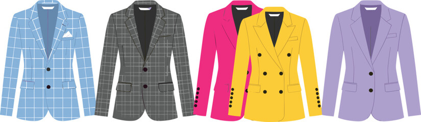 Stylish women&rsquo;s blazer jacket collection featuring various colors, patterns, button styles, and elegant fashion apparel designs
