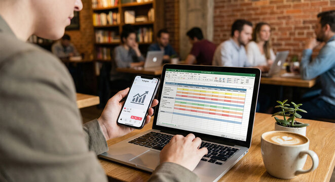 Freelance marketer checking social media analytics on phone while planning content calendar spreadsheet on laptop in a cozy busy cafe. - Powered by Adobe