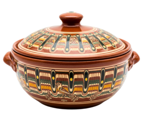 Brown ceramic cooking pot with abstract decorative floral ornament on a transparent background