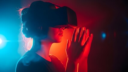Person wearing V R headset with glowing hands in dark background virtual reality