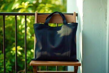A black leather purse sits on a wooden chair in front of a railing