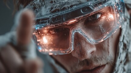 Futuristic cyberpunk vision with illuminated glasses and determined gaze, ready for virtual reality exploration or tech innovations