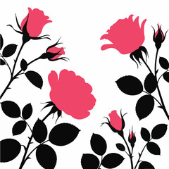 Pink Rose Flowers with Black Silhouette Leaves Vector Illustration