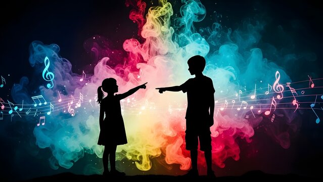 Silhouettes of children pointing at colorful musical notes and swirls - Powered by Adobe