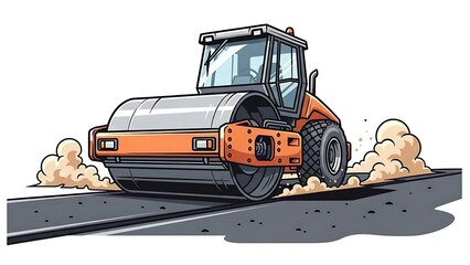 Orange road roller compactor machine on asphalt with dust