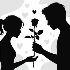 Romantic Silhouette Couple with Rose and Heart Background Vector Illustration