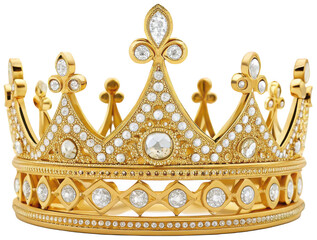 Ornate and majestic golden royal crown, meticulously crafted from polished metal and adorned with numerous sparkling clear gemstones, is presented in a slightly, isolated on transparent background.