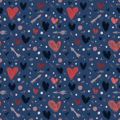 Red hearts, graphic illustration, seamless texture, gift wrapping paper, February 14th card.	