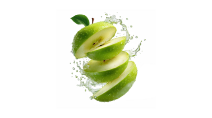 A dynamic stack of fresh green apple slices with a splash of water, isolated on a black background.
