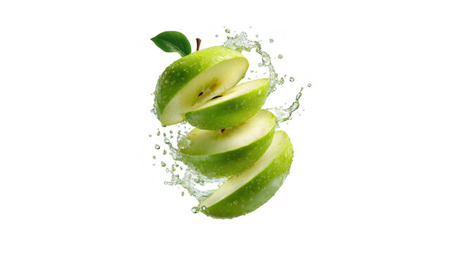 A dynamic stack of fresh green apple slices with a splash of water, isolated on a black background.