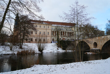 Weimar, Germany view from the snow covered Ilm Park to the Town Castle building