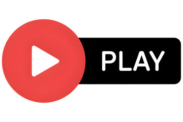 Red Play Button with Triangle Symbol and Play Text on Black Rectangle Background on transparent background