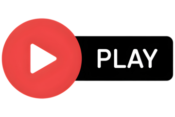 Red Play Button with Triangle Symbol and Play Text on Black Rectangle Background on transparent background