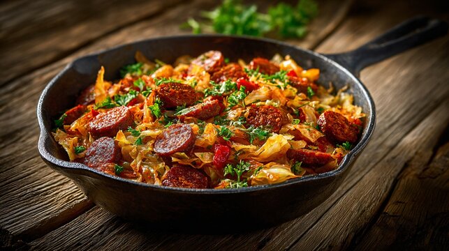 Chorizo and cabbage saut&eacute;, rustic home-style dish, paprika seasoning, cast-iron pan, wooden background, warm earthy tones