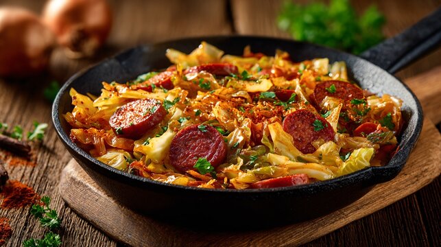 Chorizo and cabbage saut&eacute;, rustic home-style dish, paprika seasoning, cast-iron pan, wooden background, warm earthy tones