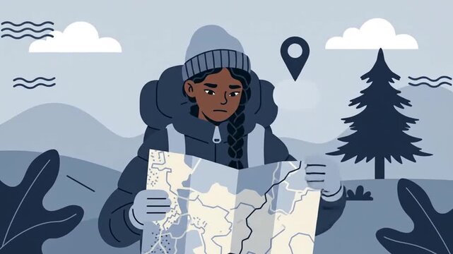 Lost Hiker Navigating With Map And Gps In Snowy Forest With Cartoon Style