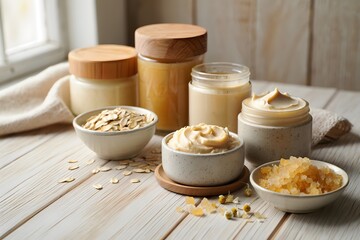 Natural skincare products with oatmeal and honey on a wooden table