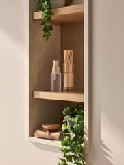 Serene bathroom shelf with greenery and spa essentials