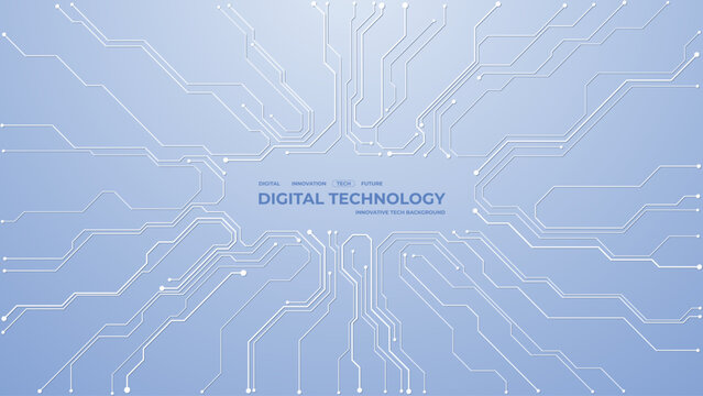 Futuristic circuit board design on clean backdrop. Minimalist digital pattern with geometric elements, blue accents, and bright lines perfect for modern technological presentations. Vector background.