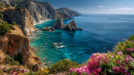 Fototapeta premium Beautiful seascape with mountains, flowers, and a blue sky