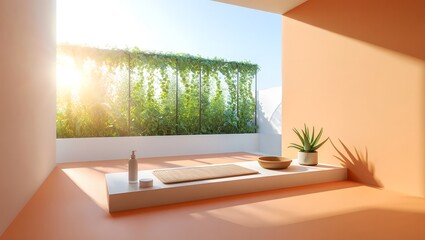 Serene bathroom scene with natural light and greenery