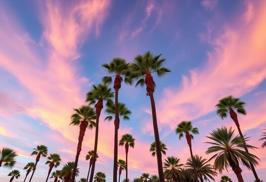 Majestic royal palms stand tall against a vibrant sky,  background,  fronds