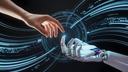 Human and robotic hands reaching towards each other symbolizing the future connection between humanity and artificial intelligence technology.
