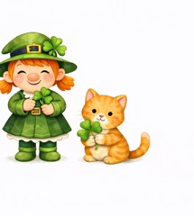 St Patrick' Day funny leprechaun girl smiling with lucky shamrock and cute cat, white background copy space