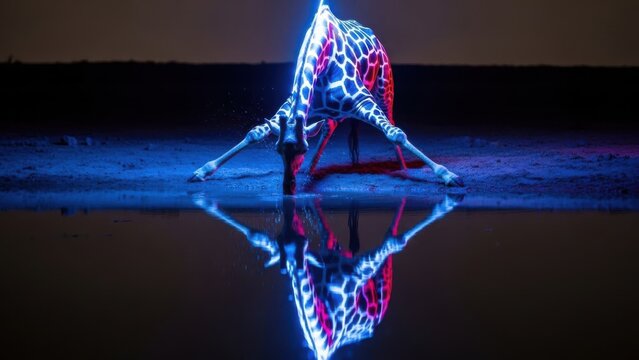 Abstract neon geometric portal with reflection on dark surface - Powered by Adobe