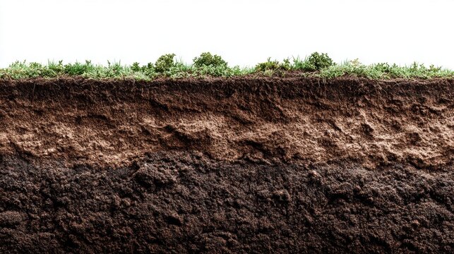 Cross-section of soil layers with grass and vegetation on top.
