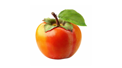 A vibrant, ripe persimmon fruit with a green leaf isolated against a stark transparent background.