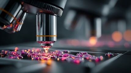 Close-up of microscope lens examining vibrant cellular structures, perfect for scientific research and medical applications
