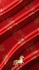 Red Silk Fabric Background with Golden Dragon Pattern and Horse Symbol, Chinese New Year Year of the Horse Luxury Concept
