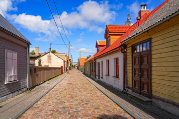Obraz premium Cobbled street in the Old Town of Ventspils on the west coast of Latvia in the Baltic Sea