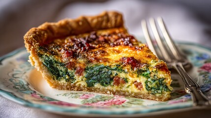 Chorizo and spinach quiche slice, buttery crust, custardy filling, served on vintage plate, pastel linen backdrop, soft editorial lighting