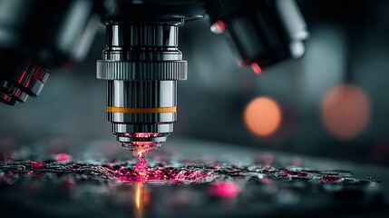 Intricate scientific discovery unfolds as advanced microscope reveals microscopic world with vibrant pink illuminated details and bokeh background